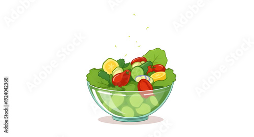 salad, bowl, food, cartoon, illustration, healthy, fresh, vegetable, veggies, greens, lettuce, tomato, cucumber, meal, diet, nutrition, vegan, vegetarian, organic, natural, lunch, dinner, cuisine, coo