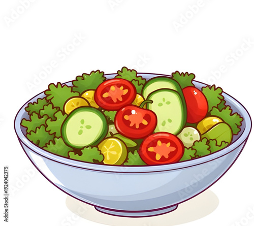 salad, bowl, food, cartoon, illustration, healthy, fresh, vegetable, veggies, greens, lettuce, tomato, cucumber, meal, diet, nutrition, vegan, vegetarian, organic, natural, lunch, dinner, cuisine, coo