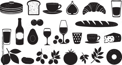 Black silhouettes of food and drink icons on white background
