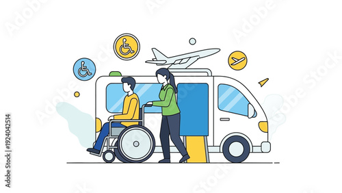 Accessible passenger van with wheelchair user and caregiver boarding