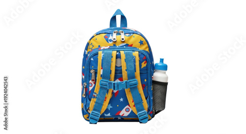 Isolated photo-realistic children's school backpack featuring space theme and water bottle, perfect for kids' education, travel, and lifestyle accessories.