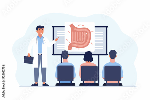 Doctor explaining human stomach anatomy to medical students in a lecture hall