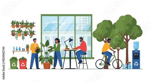 Sustainable Urban Living & Eco-Friendly Office: Green City Life with Solar Panels, Recycling, Plant Care, Cycling & Healthy Habits in a Modern Environment
