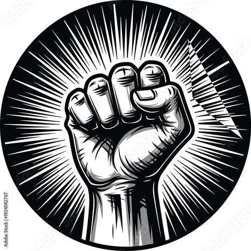 Black and white clenched fist illustration, solidarity and empowerment artwork, activism symbol design, resistance and protest graphic, bold social movement icon