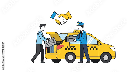 Taxi Car Trunk Check with Driver and Passenger and Handshake