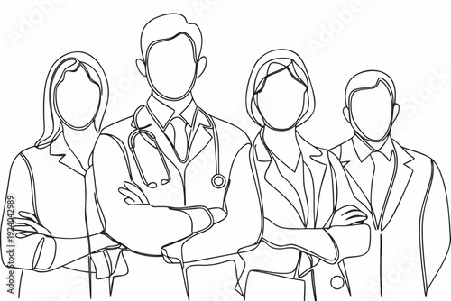 Line art illustration of four medical professionals in a group portrait