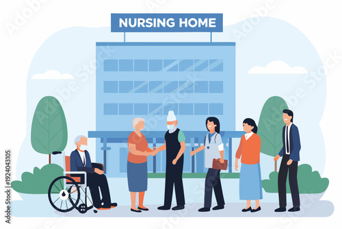 People interacting outside a nursing home building with a welcoming atmosphere