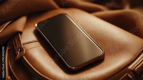 minimalist composition of a stylish smartphone resting on a premium leather handbag, soft diffused lighting casting gentle shadows, shallow depth of field emphasizing smooth curves and textures