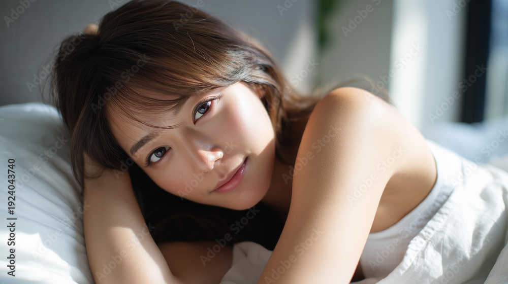 Naklejka premium Young Woman Resting on Bed After Waking Up