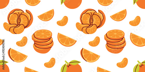 A diverse seamless pattern featuring whole oranges, peeled mandarins, and various citrus slices. Versatile repeatable background for healthy lifestyle products and kitchen textile designs.