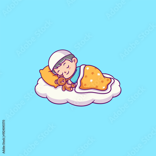 Boy Sleeping With Teddy Bear on Cloud
