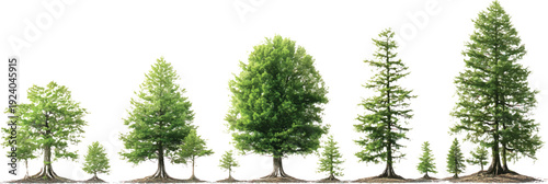 A series of images showcasing the growth stages from seed to full-grown tree, on a transparent background