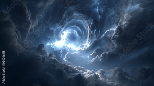 Dramatic stormy sky with swirling clouds and lightning
