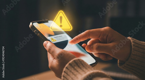 Concerned user holding mobile smartphone viewing glowing alert warning. Cyber security danger notification requires caution. Hand holding phone facing digital virus risk with anxious feeling