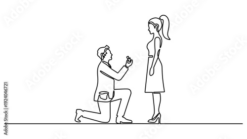 Continuous one line drawing of a man proposing to a woman. kneeling and offering an engagement ring. Man giving proposal to woman. Love marriage  symbol. Editable stroke