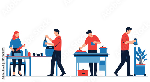 Illustration of people preparing and serving food at a catering event.