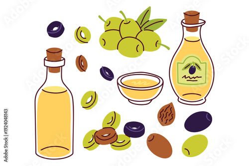 Big collection of fresh green, black, and brown olives with leaves, oil bottles, and a bowl. Professional elements for menu design, organic product branding, and culinary blogs.