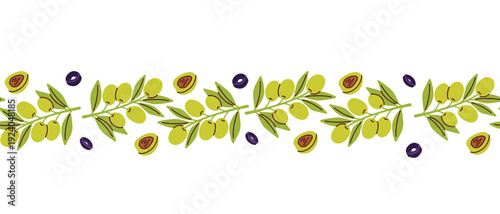 Seamless ribbon pattern featuring green olive branches and sliced black olive pieces. Elegant border design for Mediterranean food labels, textiles, and kitchen decor.