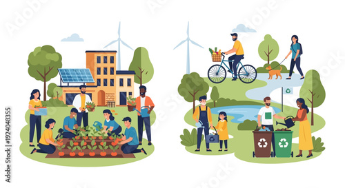 Eco-Friendly Community Living: Diverse People Gardening, Recycling, and Embracing Renewable Energy for a Sustainable Future