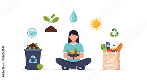 Sustainable Living & Healthy Lifestyle: Woman Embracing Eco-Friendly Practices, Recycling, Composting, & Fresh Food for a Greener Future