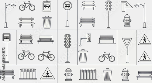 Minimalist outline icons of urban street and park elements.
