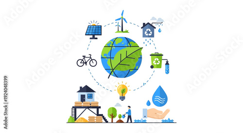 Global Sustainable Living: Eco-Friendly Energy, Water Conservation, Recycling & Green Practices Infographic