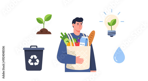 Sustainable Living & Eco-Friendly Lifestyle Concept. Man with Reusable Shopping Bag, Green Energy, Recycling, Plant, and Water Conservation Icons.