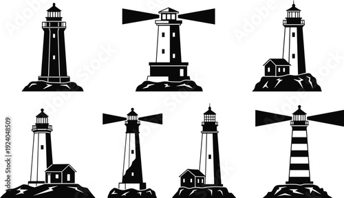 Set of black lighthouse silhouettes on white background, vintage nautical beacon icons collection, coastal maritime navigation symbols, seaside tower illustrations for logo design