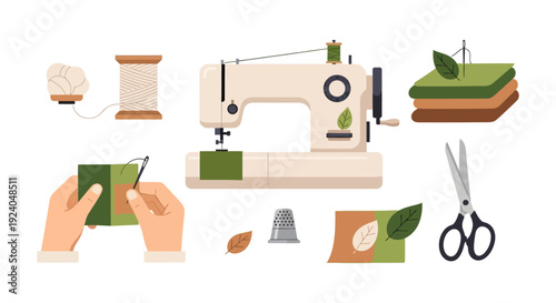 Eco-Friendly Sustainable Sewing and Crafting Supplies Illustration Set: Handmade Textile Production with Natural Materials