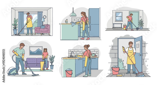 People Cleaning Home Activities Illustration Set