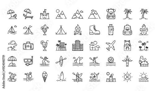 Summer Vacation Icon Pack – Beach, Mountain, Camping, and Tourism Vector Set