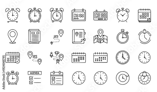 Time and Location Scheduling Icon Set – Clocks, Calendars, and Maps Vector Icons