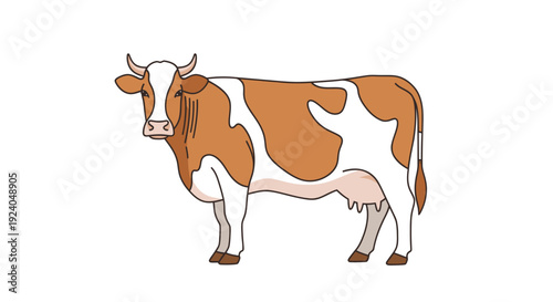 Simple graphic illustration of a brown and white cow standing on a white background.