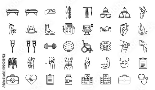 Physiotherapy and Rehabilitation Thin Line Icons Medical Therapy Vector Set
