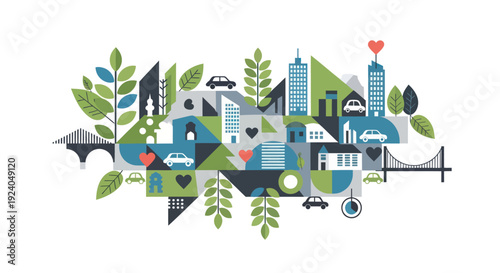 Eco-friendly city landscape illustration with buildings, cars, bridges, and leaves.