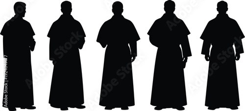 Set of male priest silhouettes in cassock robes, black religious clergy figures isolated on white background, Christian pastor and Catholic clergy illustration collection