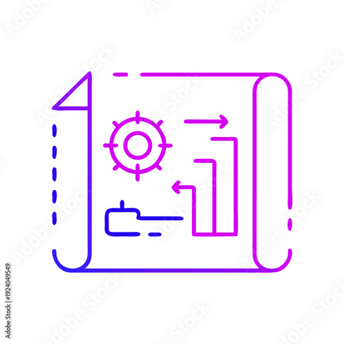 Blueprint with flowchart and gear outline on transparent background