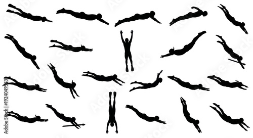 Silhouettes of people diving and swimming in various dynamic poses.