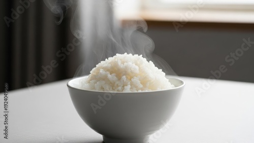 Close-up of steaming, fluffy white rice in a white bowl on a simple white table