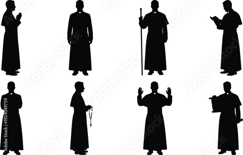 Set of priest silhouettes in various poses, black Christian clergy figures isolated on white background, religious leader collection for church, faith, and worship design
