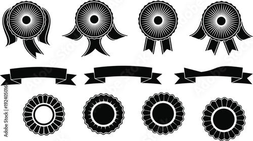 Award ribbon badge and rosette icon set with banners representing achievement, winner recognition, certification labels, and premium quality 