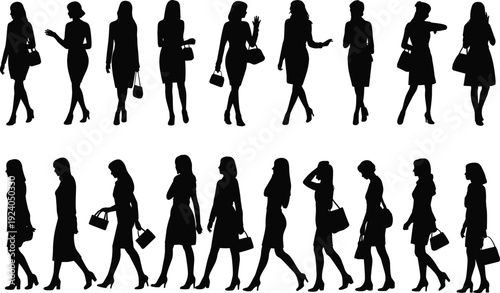 Business women silhouettes collection in elegant dresses and high heels, female fashion models walking with handbags isolated on white background vector illustration