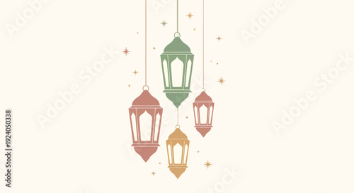 Ramadan Kareem celebration with hanging lanterns and stars