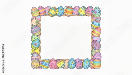 Square frame with easter eggs hand drawn and space for text on white background
