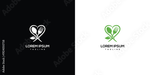 Heart Logo Fork Spoon Leaf - Healthy Food  Restaurant Concepts.