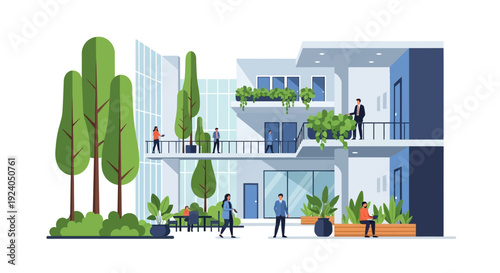 Modern Green Building: Sustainable Architecture with People Working & Relaxing in Biophilic Urban Oasis. Eco-friendly Office Lifestyle Vector Illustration.