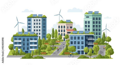 Eco-Friendly Urban Landscape: Smart City with Green Rooftops, Solar Panels, Wind Power, and People Cycling in Parks