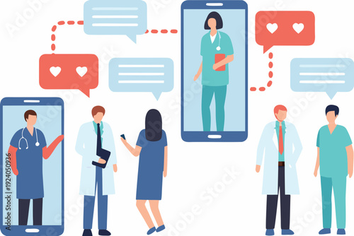 Telemedicine concept showing doctors and patients connecting via smartphones