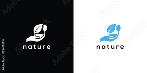 Hand holding leaf spoon bowl logo nature organic food healthy lifestyle.