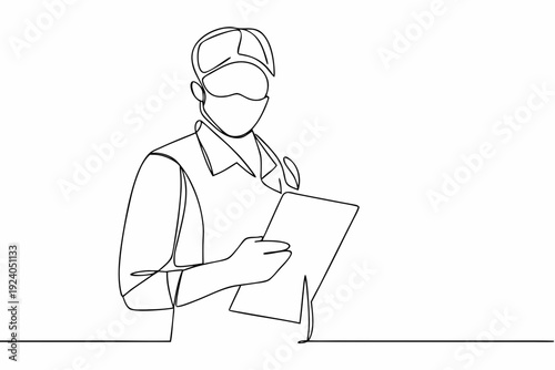 Continuous line drawing of a healthcare worker with a clipboard